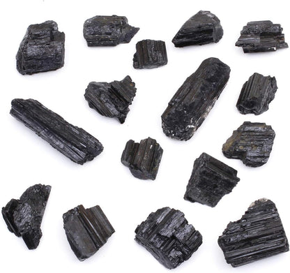 Black Tourmaline Crystals Bulk (1/2 LB Medium Pieces), Includes: (1) Selenite Stick & Information Cards, Rough Raw Natural Stones for Good Vibes, Reiki Energy Made in USA