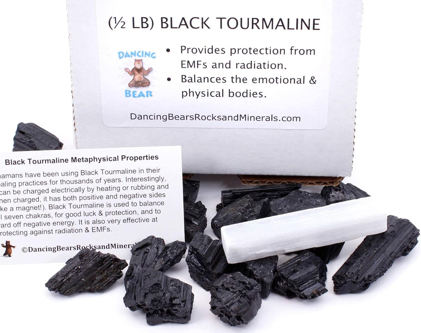 Black Tourmaline Crystals Bulk (1/2 LB Medium Pieces), Includes: (1) Selenite Stick & Information Cards, Rough Raw Natural Stones for Good Vibes, Reiki Energy Made in USA