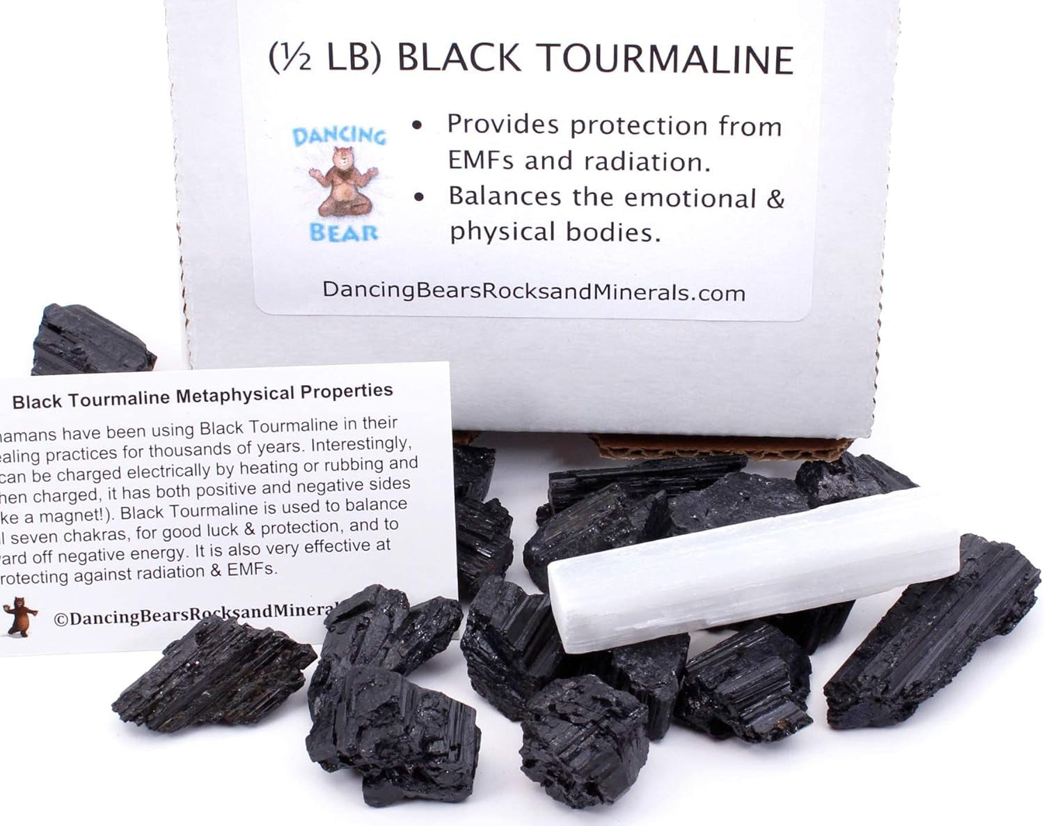 Black Tourmaline Crystals Bulk (1/2 LB Medium Pieces), Includes: (1) Selenite Stick & Information Cards, Rough Raw Natural Stones for Good Vibes, Reiki Energy Made in USA