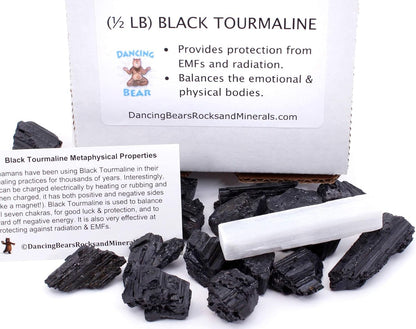 Black Tourmaline Crystals Bulk (1/2 LB Medium Pieces), Includes: (1) Selenite Stick & Information Cards, Rough Raw Natural Stones for Good Vibes, Reiki Energy Made in USA